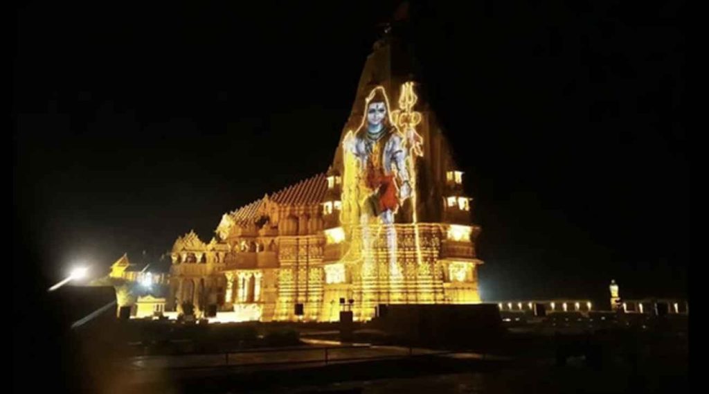 Somnath Temple illuminated during evening aarti