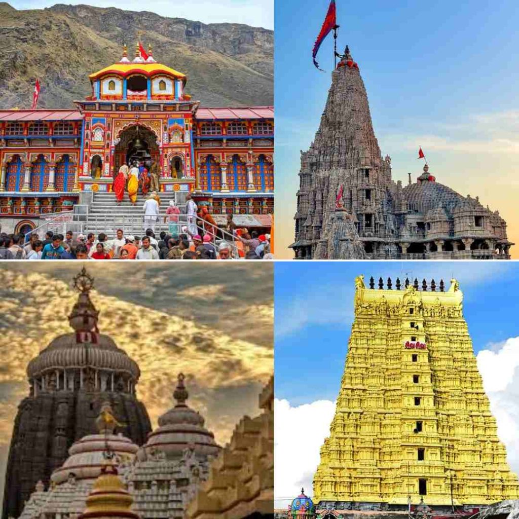 Bada Char Dham Yatra temples including Badrinath, Dwarka, Puri Jagannath, and Rameshwaram representing the four sacred dhams of India