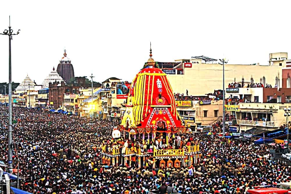 Rath Yatra festival in Puri with Lord Jagannath’s grand chariot surrounded by thousands of devotees