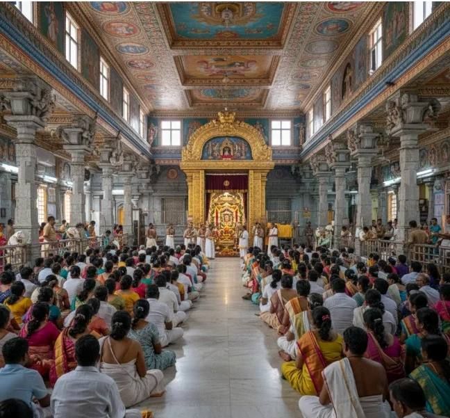 Devotees participating in Tirumala Kalyanotsavam Arjitha Seva inside temple mandapam
