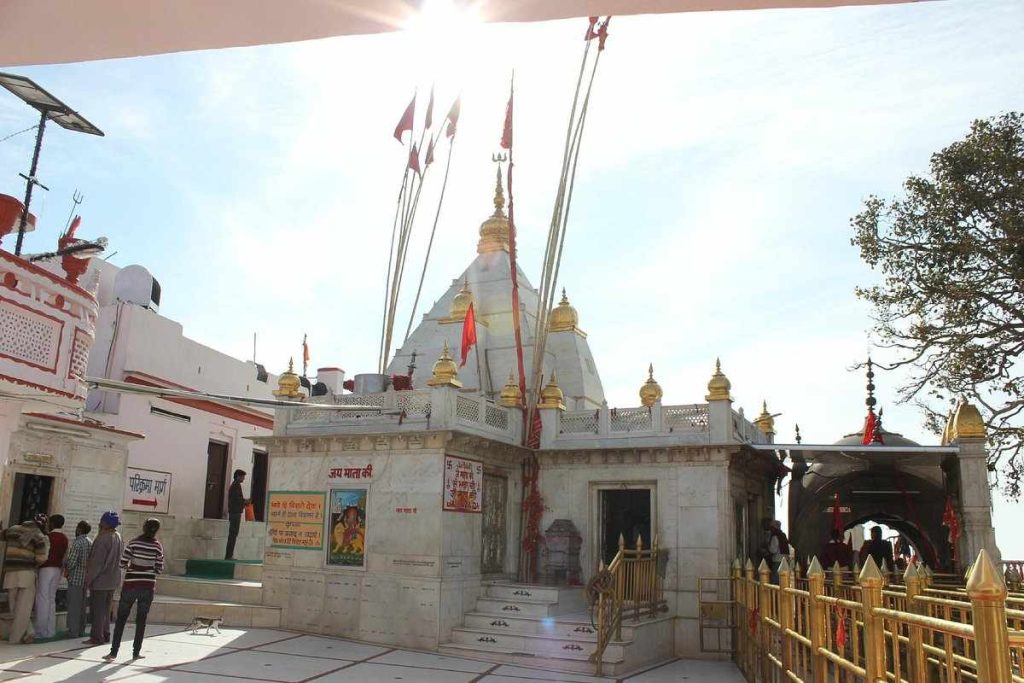 Naina Devi Temple complex at Bilaspur Himachal Pradesh with devotees entering the shrine