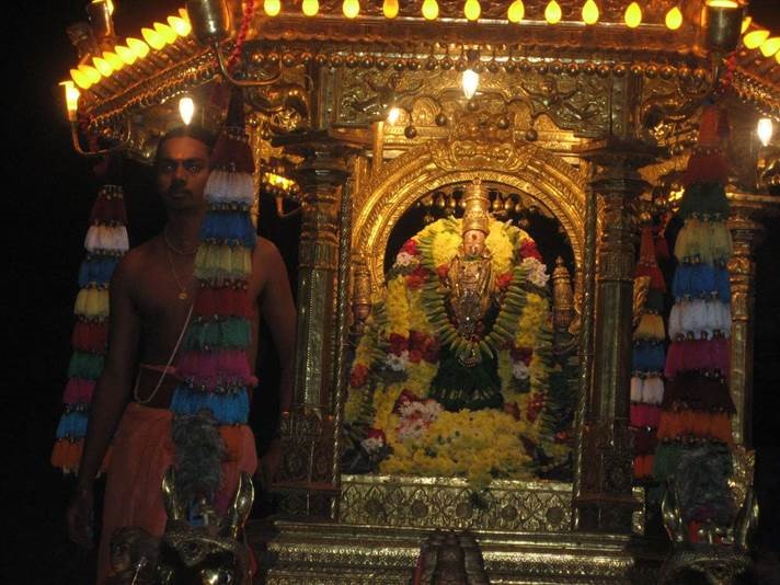 Decorated idol of Goddess Kamakshi inside Kamakshi Amman Temple during special pooja.