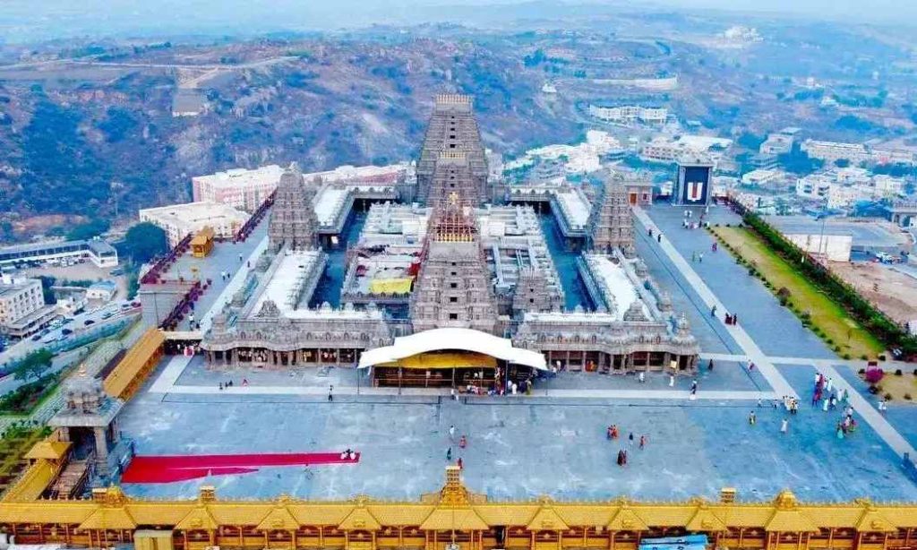 Aerial view of Yadagirigutta Temple complex in Telangana during daytime