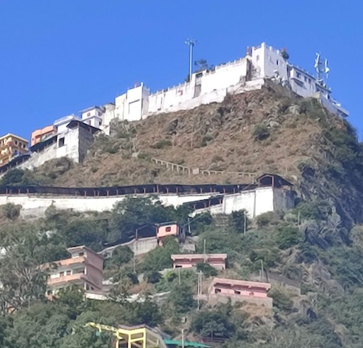 Hilltop view of Naina Devi Temple located on a mountain peak in Himachal Pradesh