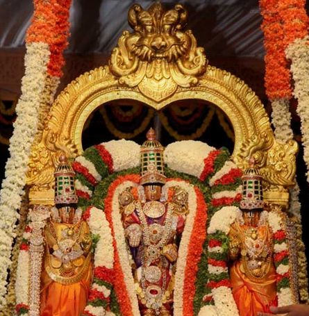 Lord Venkateswara idol decorated with flowers and ornaments at Tirumala