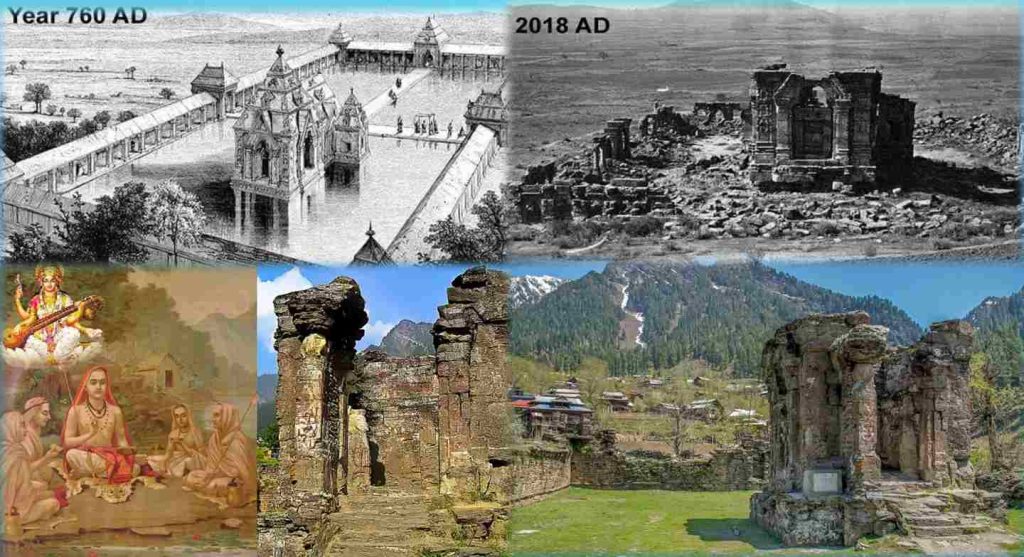 Sharada Peeth temple comparison showing reconstruction in 760 AD and ruins in 2018