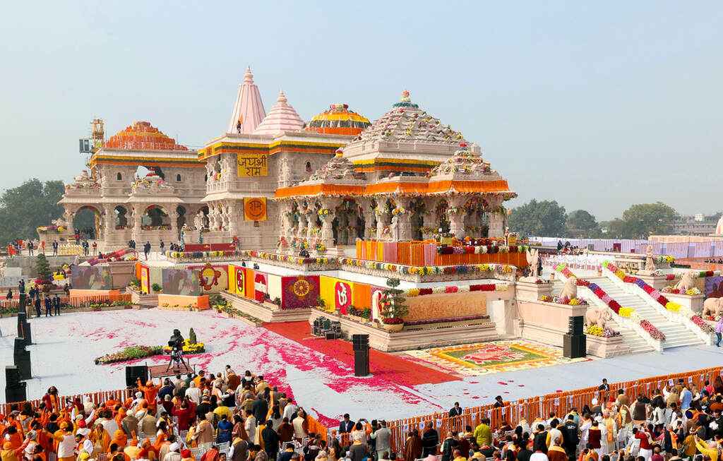 Ayodhya Ram Mandir grand exterior view with devotees gathered for darshan