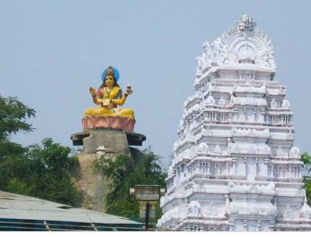 Basara Saraswati temple gopuram with Saraswati statue Telangana