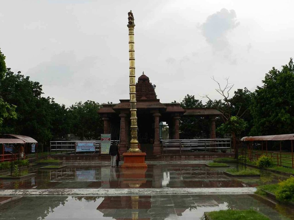 Entrance area of Jogulamba Temple Alampur with temple flag pillar
