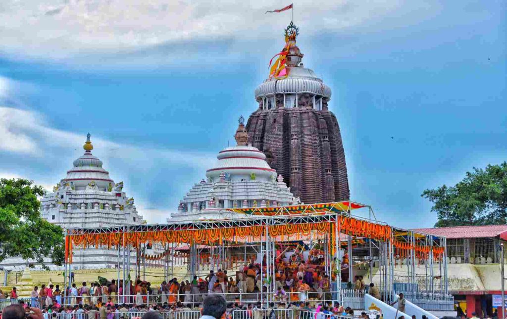 Jagannath Temple Puri with devotees and festive decorations