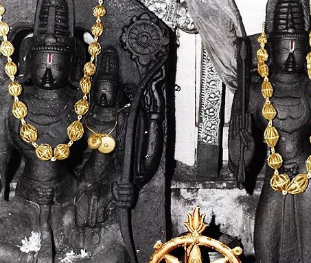 Ancient Sita Rama Lakshmana idols with gold ornaments at Bhadrachalam Temple