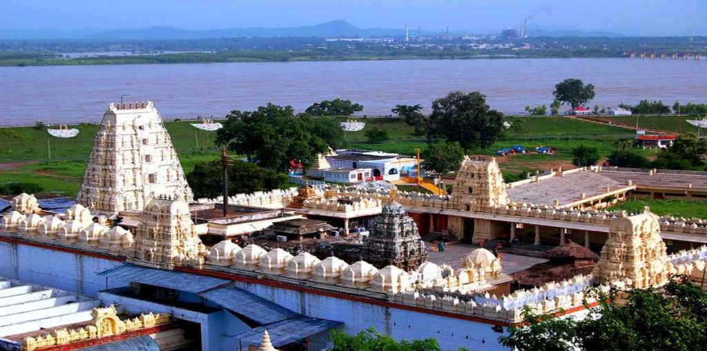 Aerial view of Bhadrachalam Temple near Godavari River in Telangana