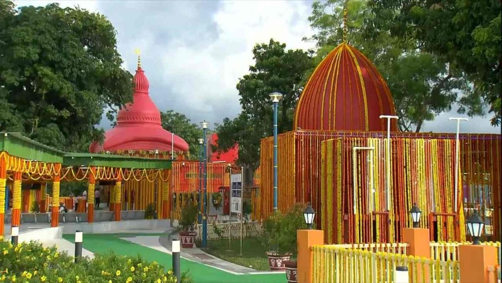 Tripura Sundari Temple complex decorated with lights and flowers during Diwali festival