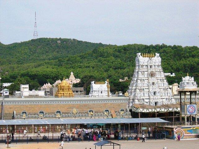 Scenic view of Tirumala Tirupati Devasthanam temple complex surrounded by Tirumala hills.