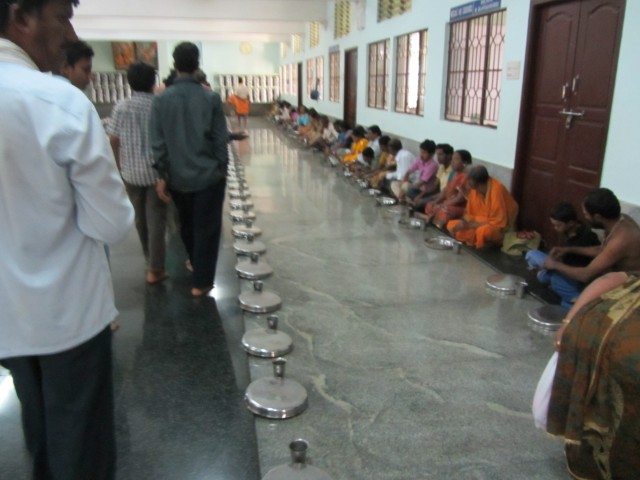 Devotees sitting in rows for free Annadanam meal at Horanadu Annapoorneshwari Temple Karnataka