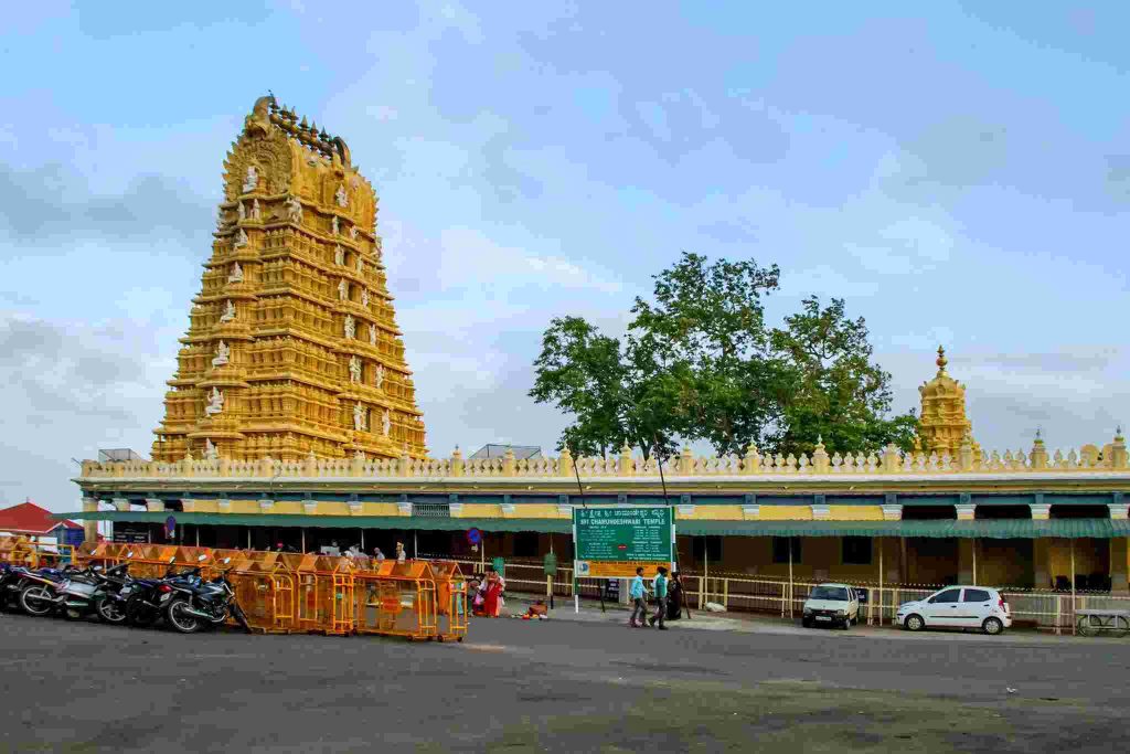 Chamundeshwari Temple gopuram at Chamundi Hills Mysuru with golden tower and temple entrance view