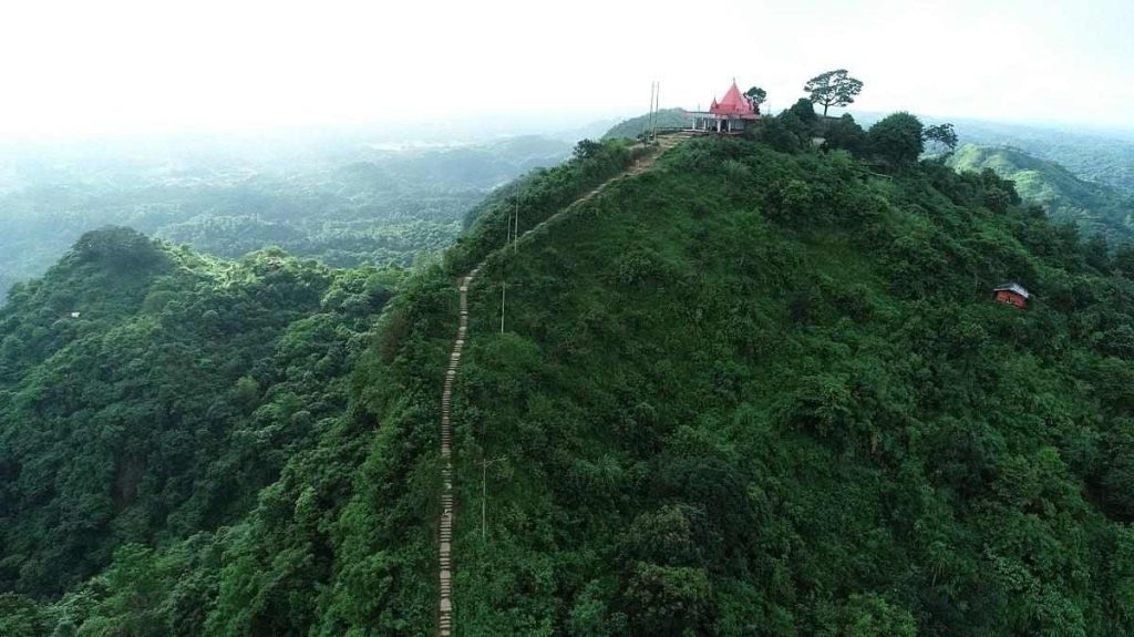 Aerial view of Chandranath Temple on top of green hill in Sitakunda Bangladesh
