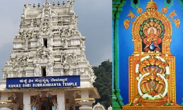 Kukke Subramanya Temple gopuram and Lord Subramanya idol with serpent Vasuki