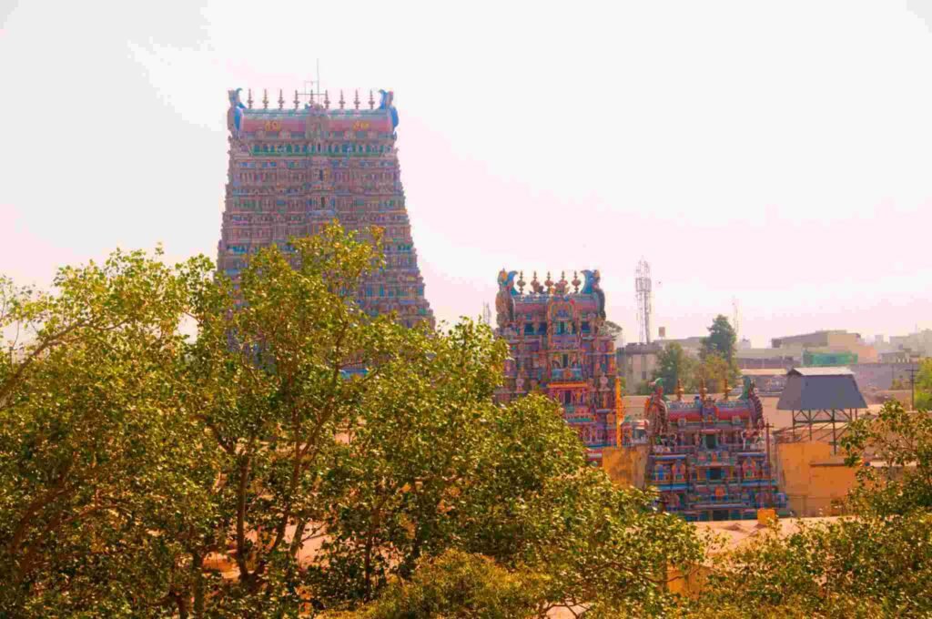 Meenakshi Amman Temple colorful gopuram towers in Madurai Tamil Nadu