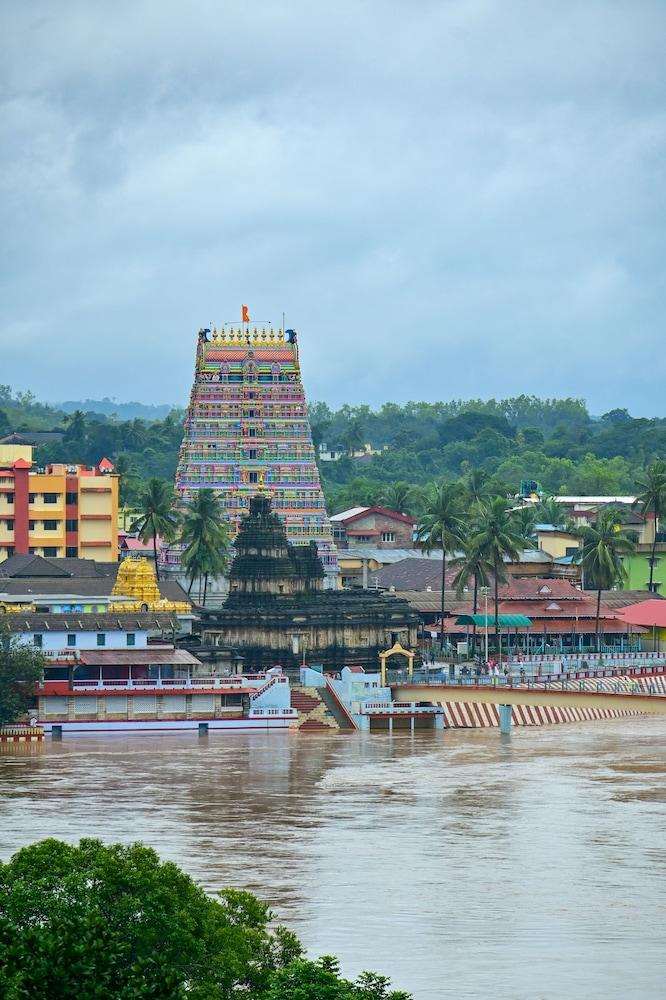 Sringeri Sharada Peetham temple view with colorful gopuram and Tunga River in Karnataka
