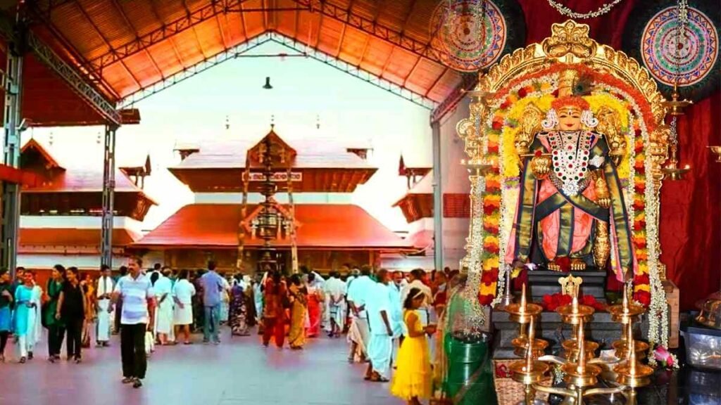 Devotees at Guruvayur Temple entrance with decorated Lord Krishna idol Guruvayurappan