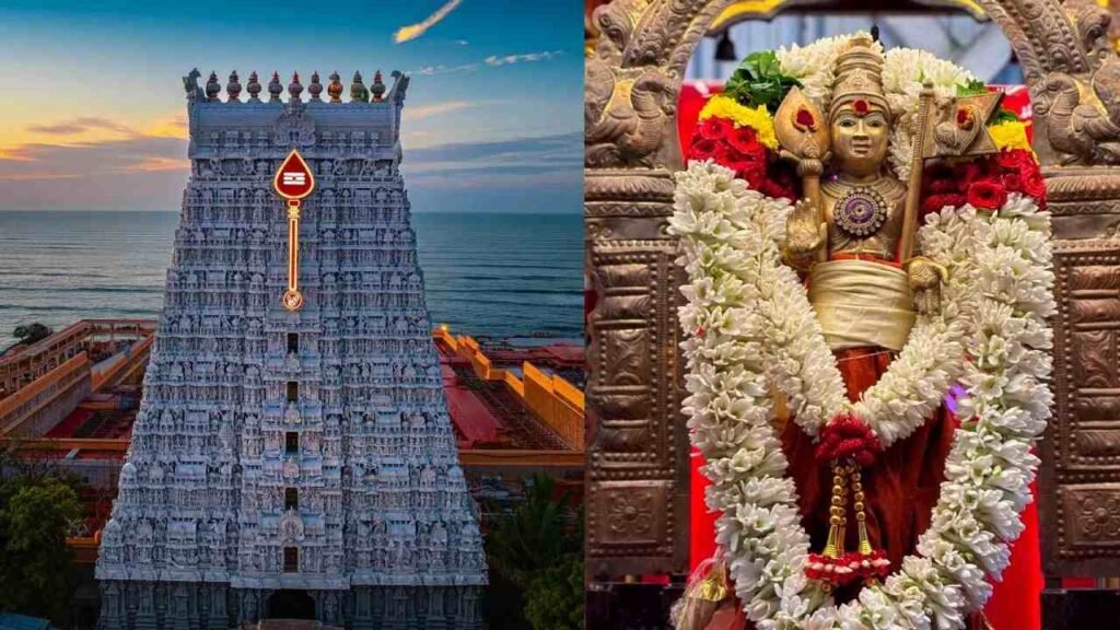 Tiruchendur Murugan Temple gopuram with sea view and Lord Murugan idol decorated with flowers