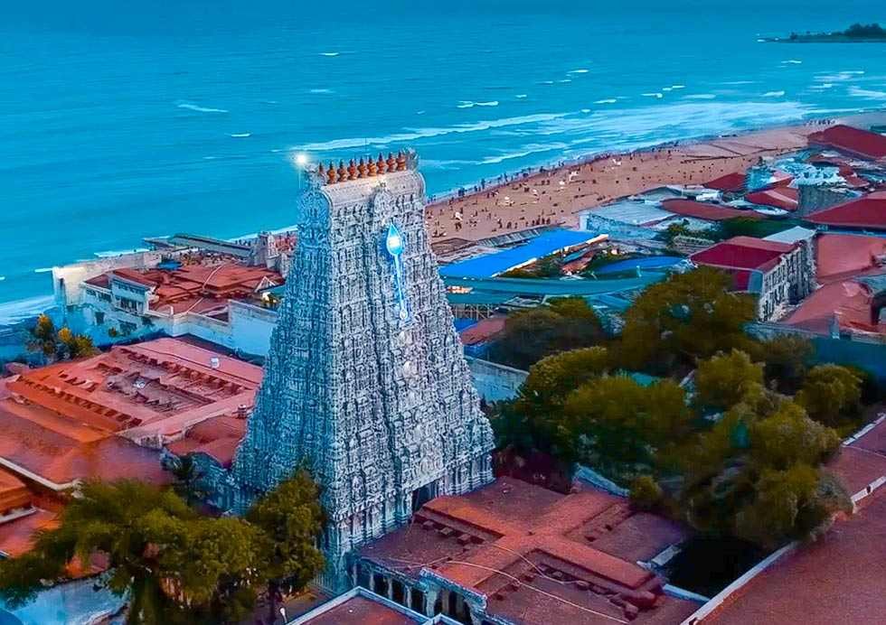 Aerial view of Tiruchendur Murugan Temple near Bay of Bengal coastline